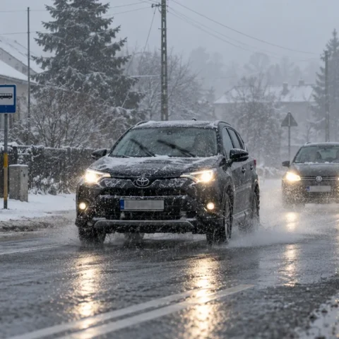 bezpieczna jazda we mgle śniegu i deszczu